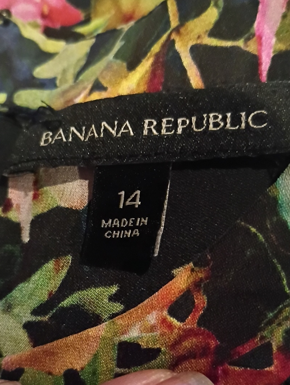 Banana Republic Navy Floral Print Blouse with Green, Yellow and Pink Accents